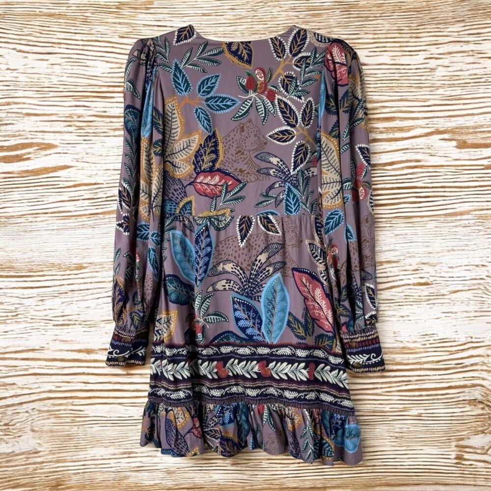 Farm Rio Lavender Wild Night Long Sleeve Mini Dress Pre owned no belt XS